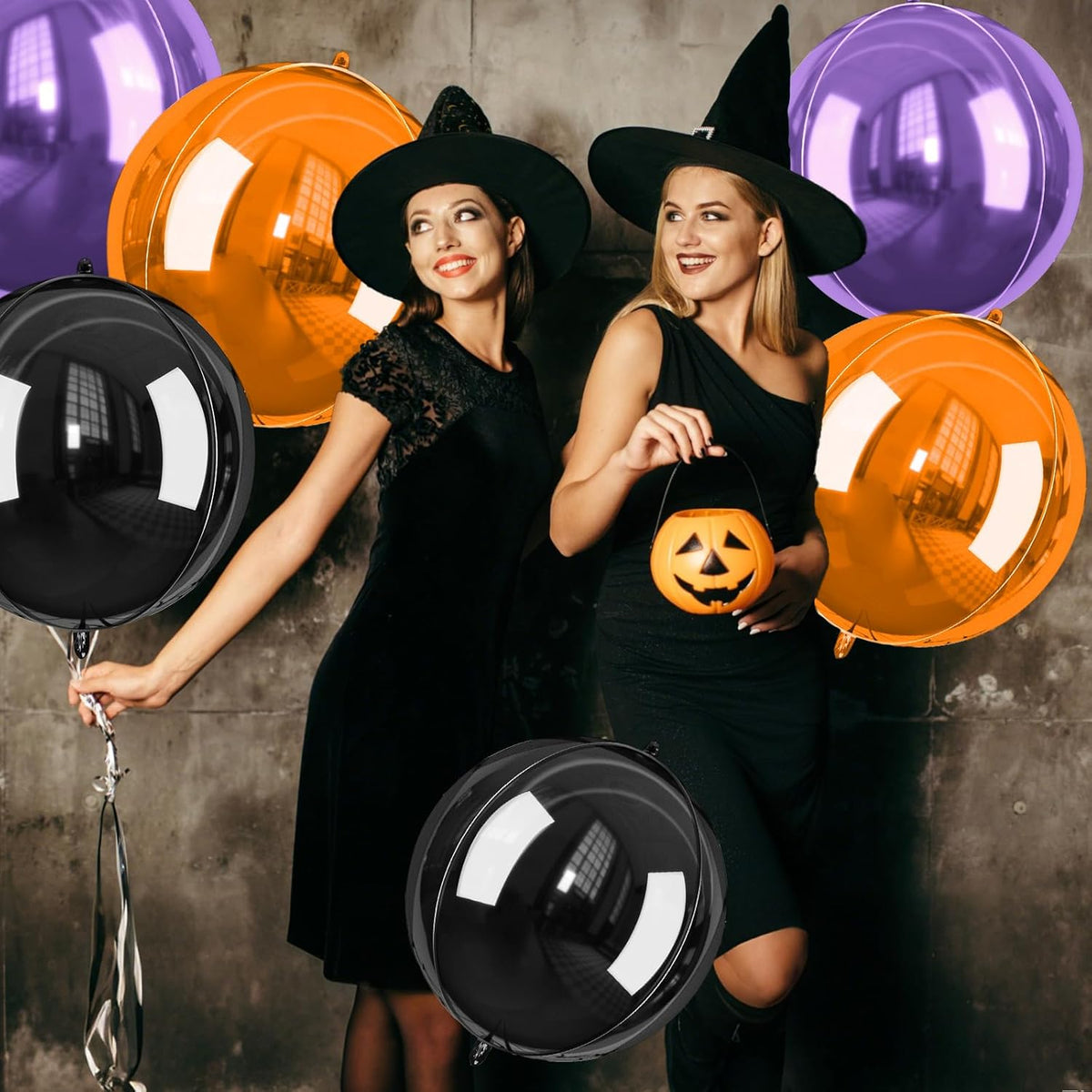 Halloween Black and Orange Foil Balloons, 6 Pcs Large Metallic Orange Black Purple Giant 4D Round