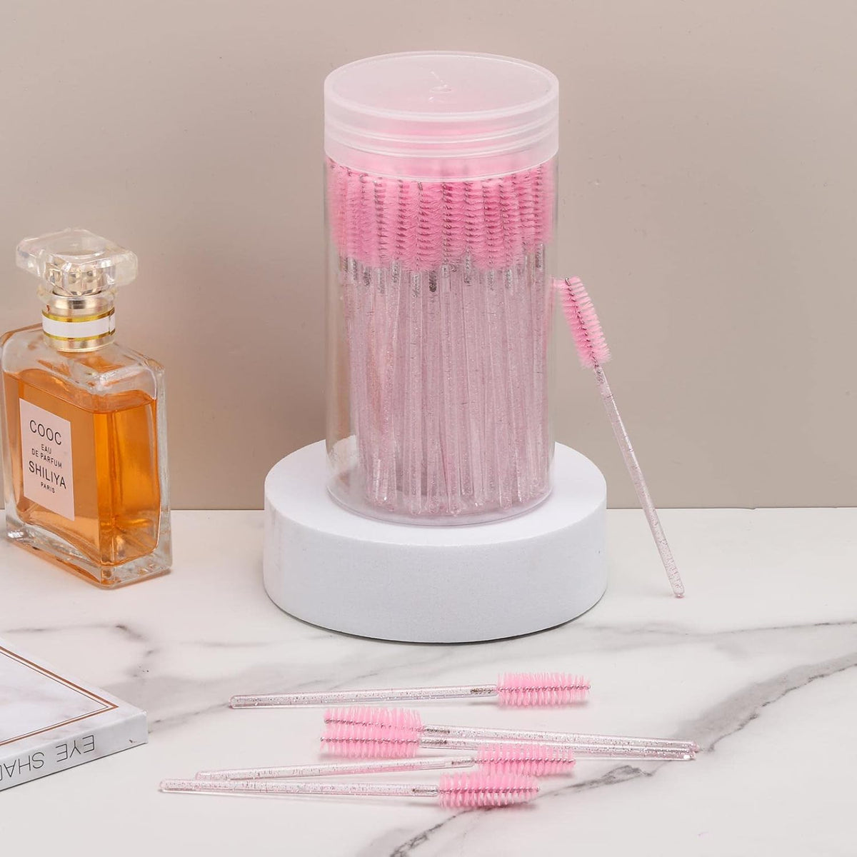 100 Pcs Disposable Mascara Wands, Crystal Eyebrow Spoolies Brush for Eyelash Extensions, Pink Lash