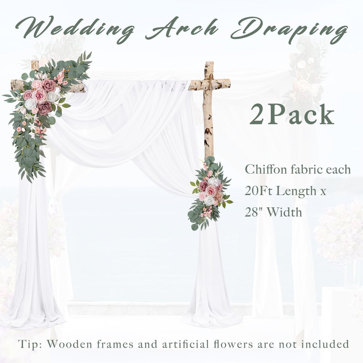 Wedding Arch Draping Fabric 2 Panels 20Ft Length x 28" Width White Arch Drapes Chiffon Fabric Sheer