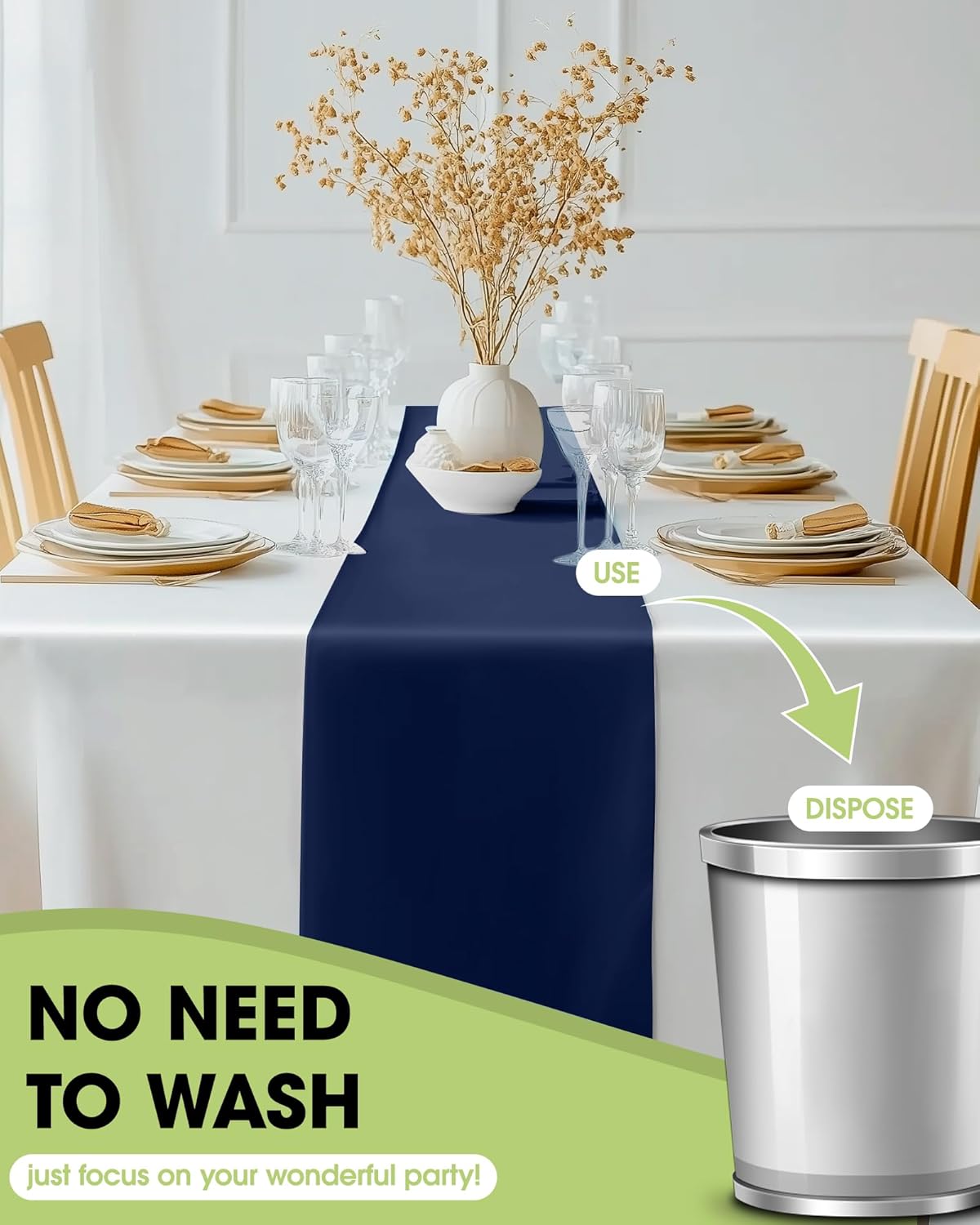 Pureegg Navy Blue Plastic Table Runners - 10 Pack, 14'' x 108'', Water Resistant & Disposable