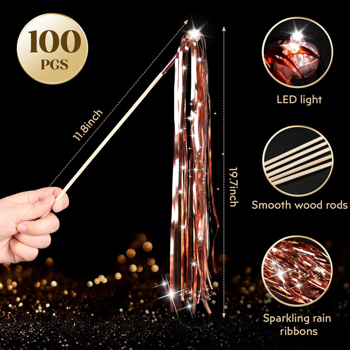 100 pcs Wedding Wands Light up with LED Tinsel Wedding Streamers for Wedding Send off and Greeting