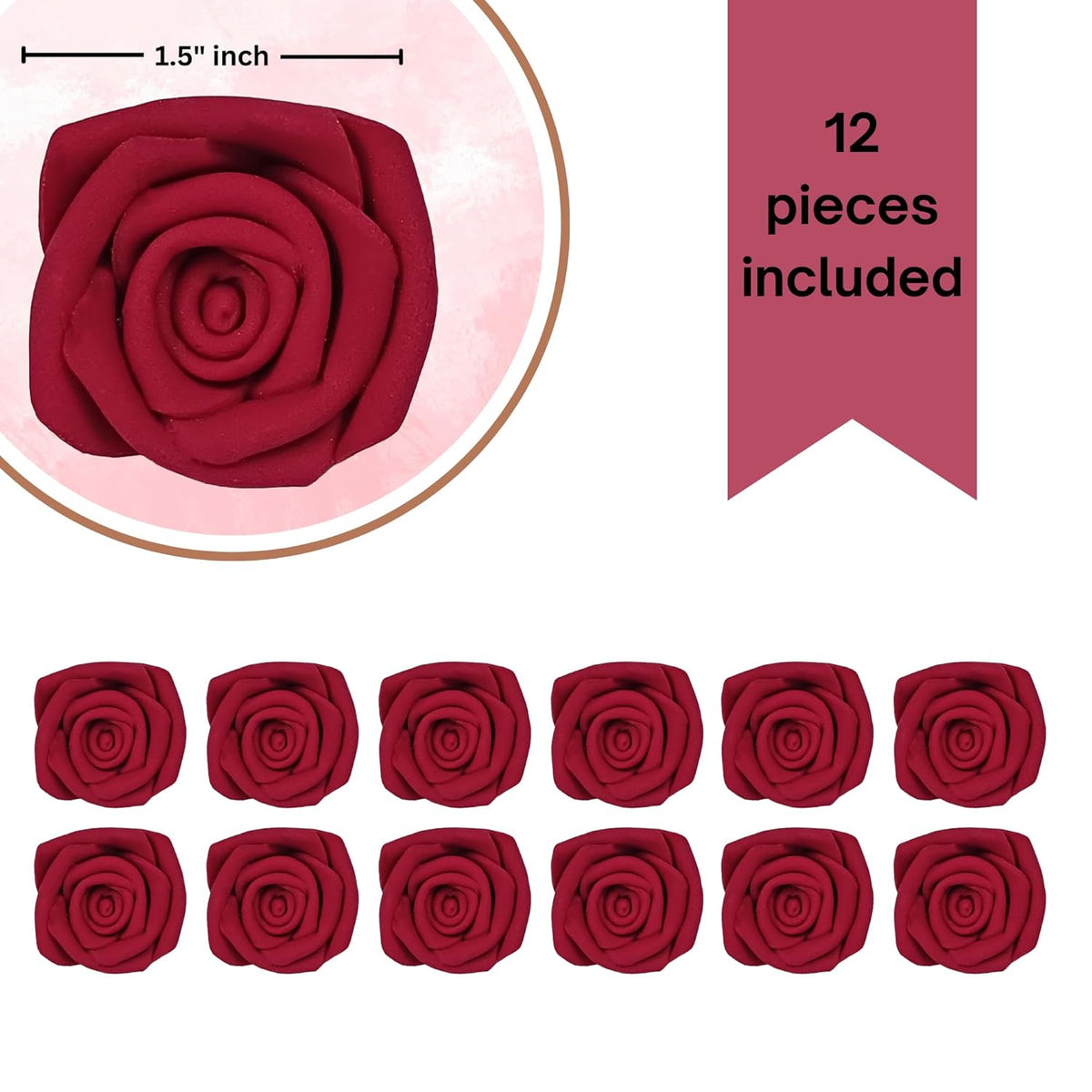 Confect Edible Deep Burgundy Rose Toppers – Edible Roses for Cake & Cupcake Decorations, Perfect
