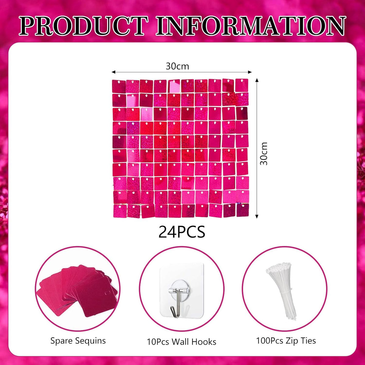 24PCS Fuchsia Shimmer Wall Backdrop, Laser Square Sequin Photo Backdrops Panel, Glitter Wall