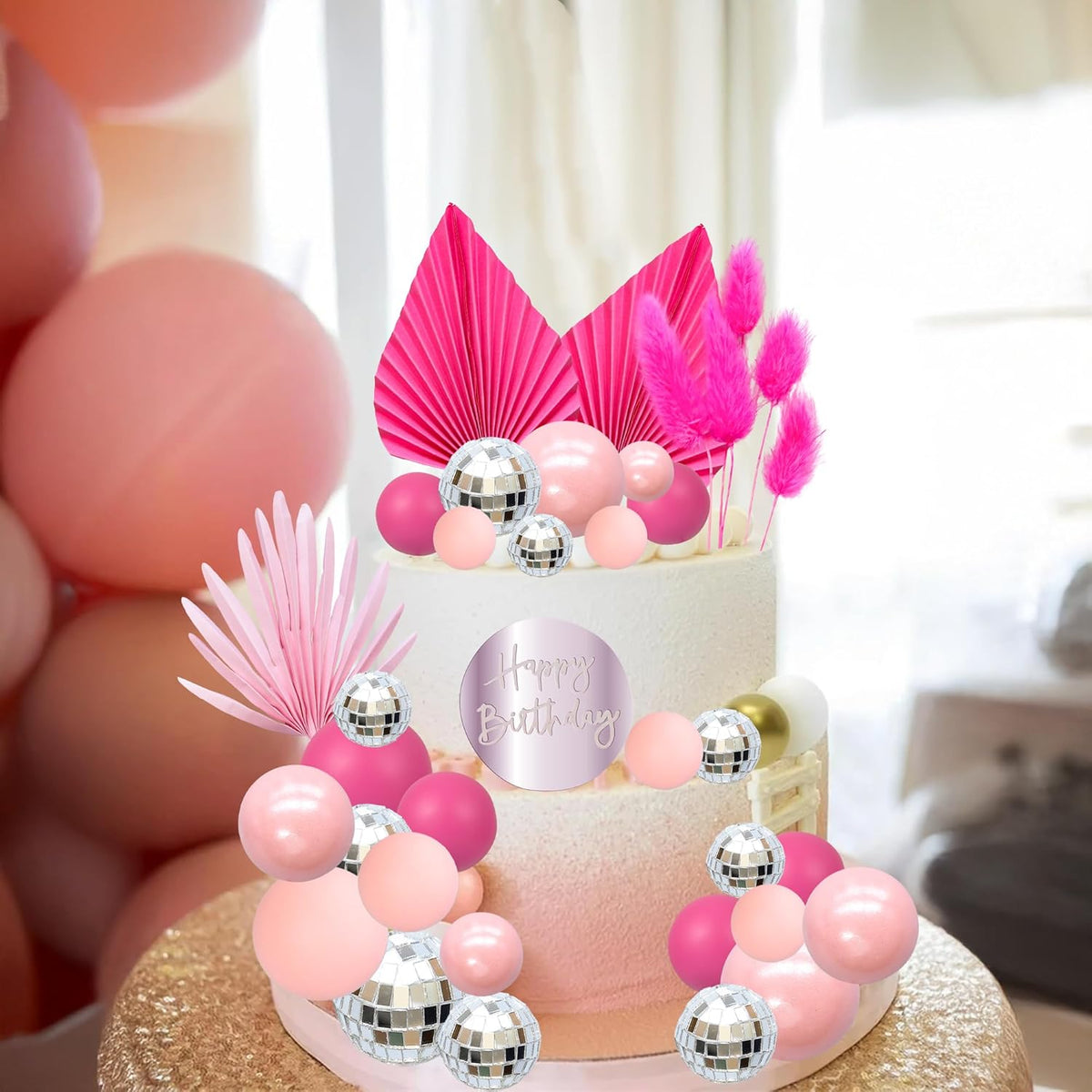Ephlyn 33 Pack Balls Cake Toppers Boho Palm Leaves Cake Decorations Round Acrylic Happy Birthday