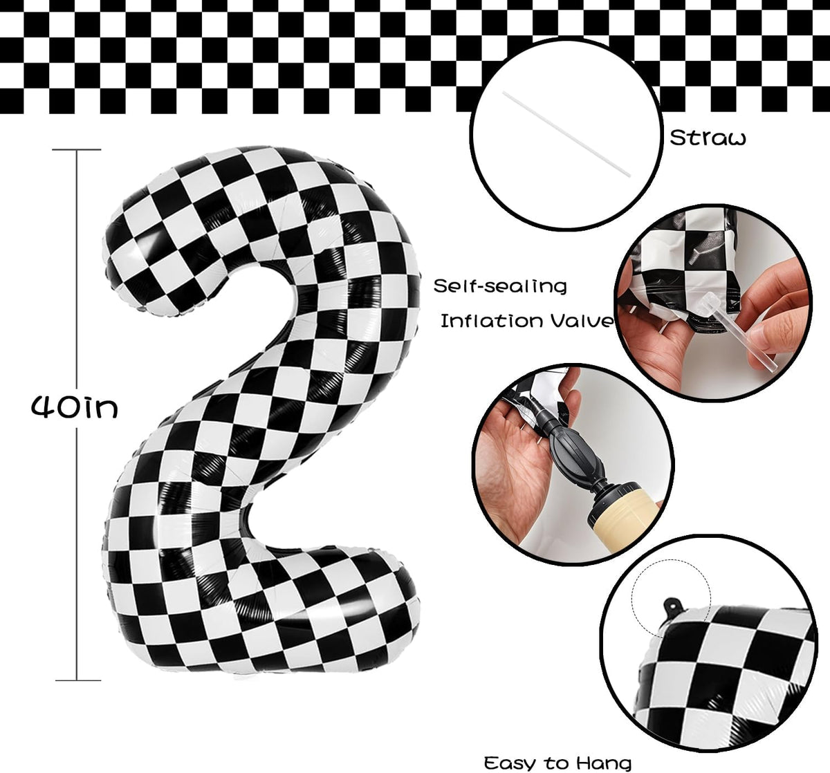 40 Inch Checkered Number Balloon - Race Flag Pattern Big Helium Balloon for Birthday Party