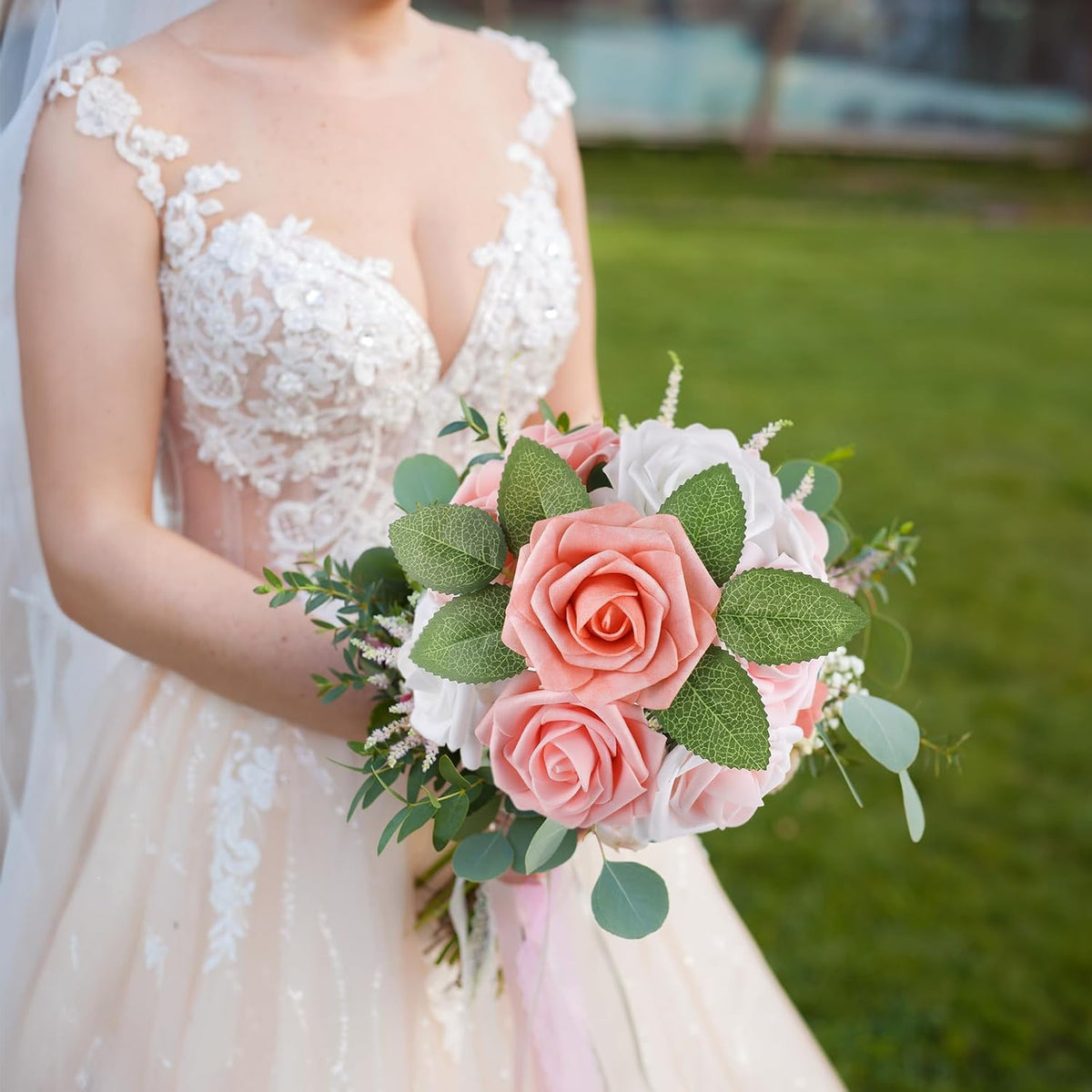 AmyHomie 25pcs Real Looking Artificial Shades of Blush Roses w/Stem for DIY Wedding Bouquets