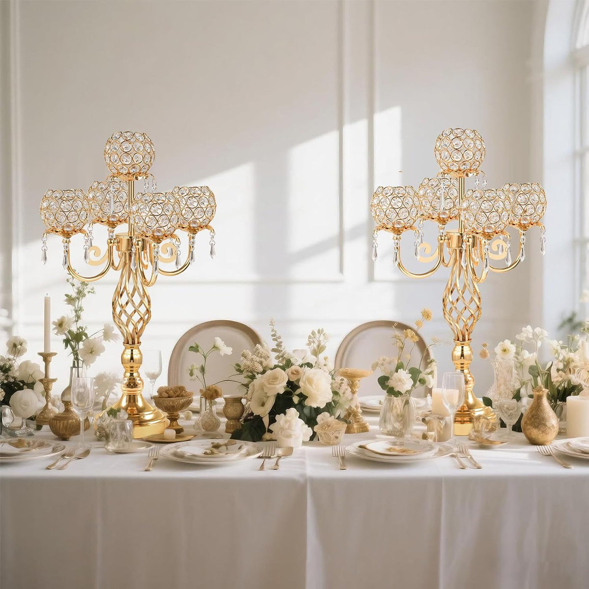 5-Arm Crystal Candelabra Centerpiece 23.2" Tall - Elegant Candle Holder Stand with Crystal Bowl