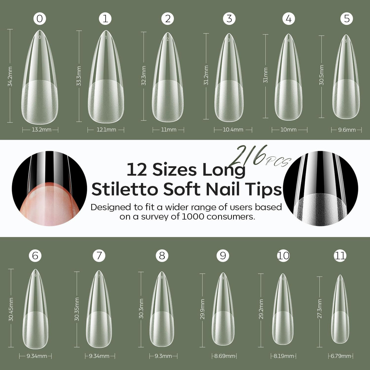 modelones Long Stiletto Nail Tips, Pre-shaped Soft Gel Tips Fake Nails False Acrylic Clear Full