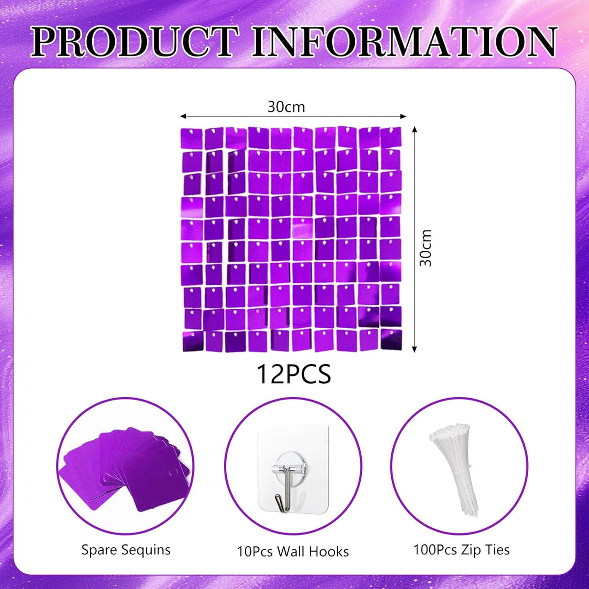 12PCS Purple Shimmer Wall Backdrop, Square Sequin Photo Backdrops Panel, Glitter Wall Background