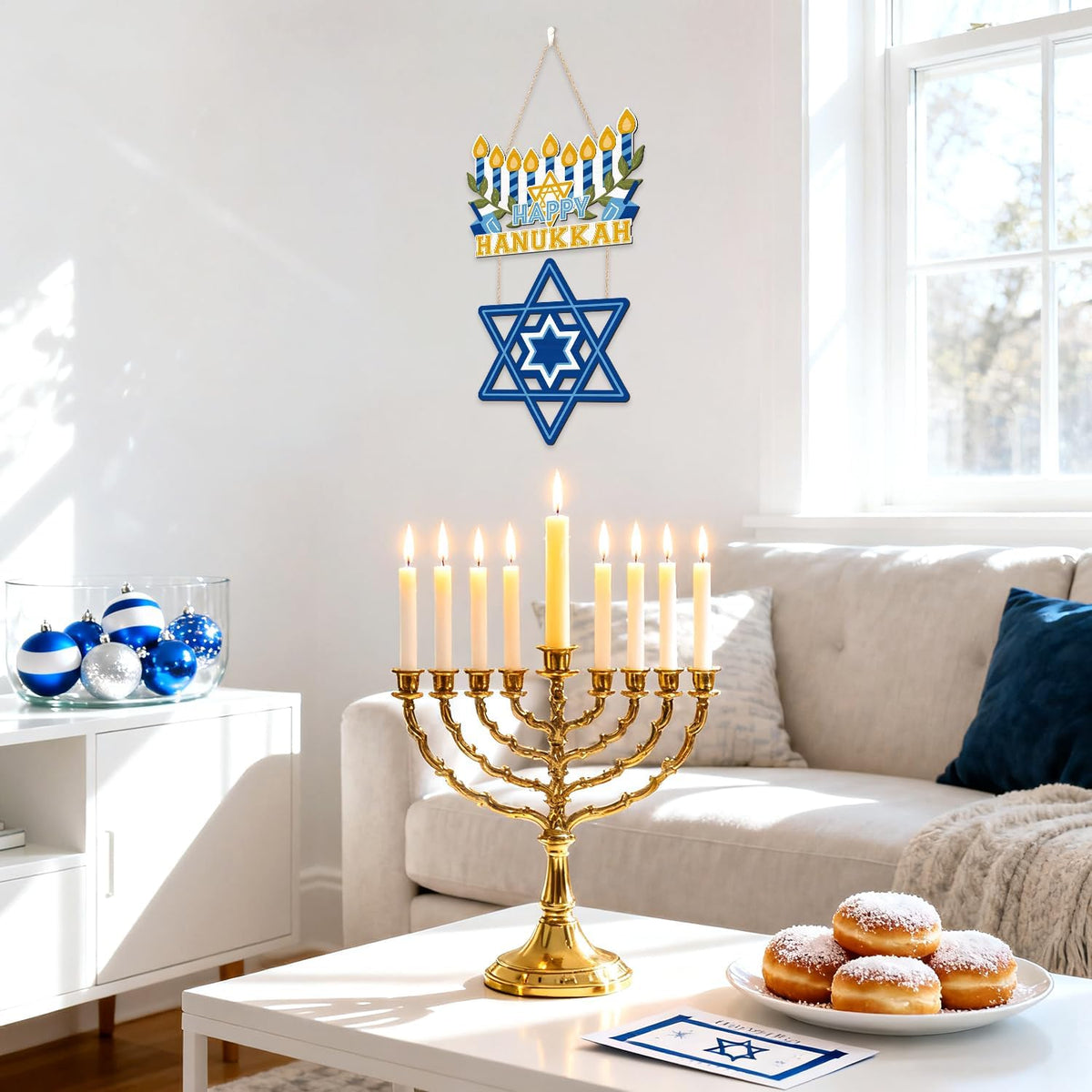 CHDITB Happy Hanukkah Shalom Front Door Sign(12"x20"), Wooden Jewish Festival of Light Blue Menorah