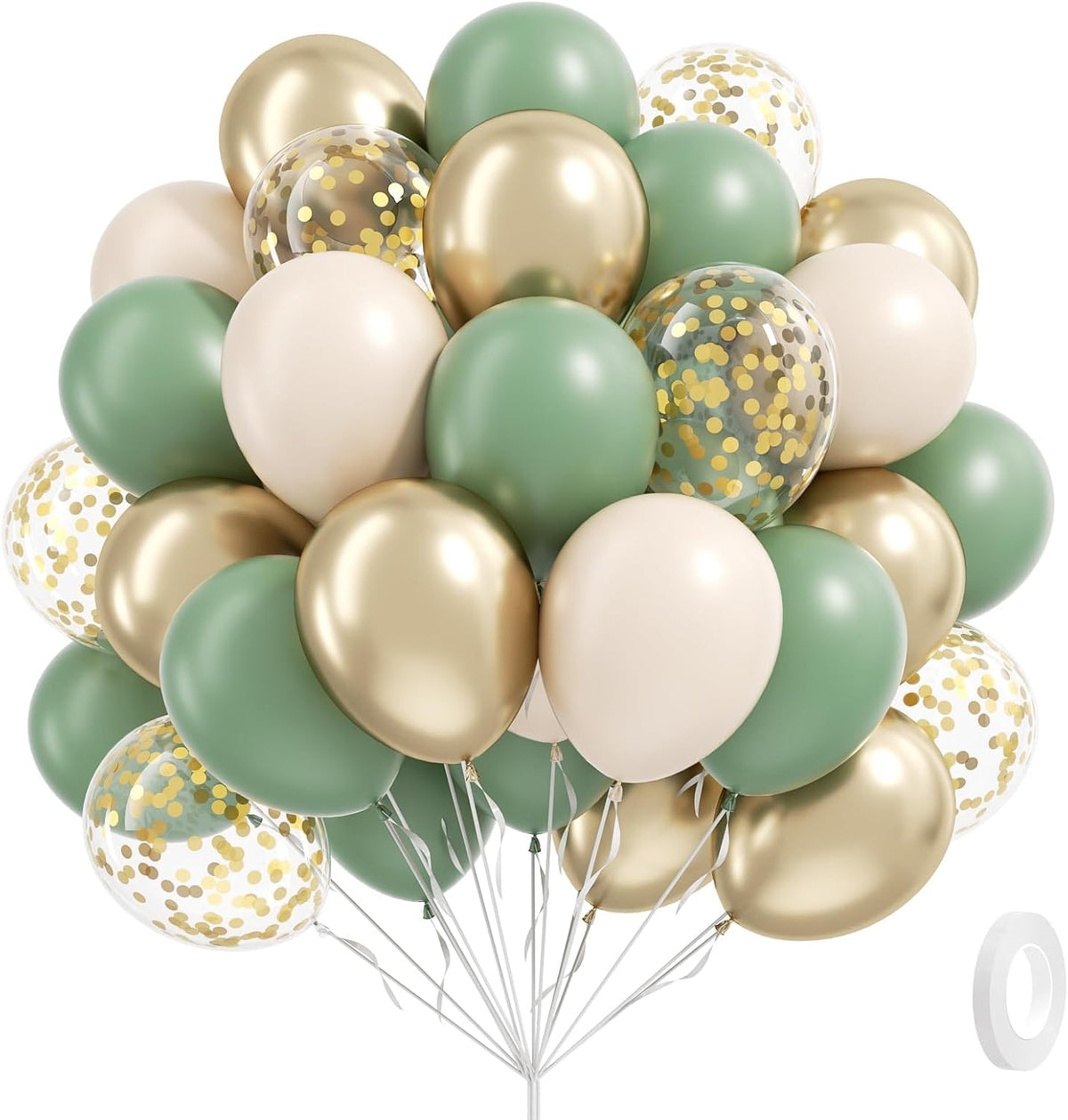 Sage green Balloons, 60pcs 12inch Sage green Sand White Metallic Gold Confetti Balloons for Boho