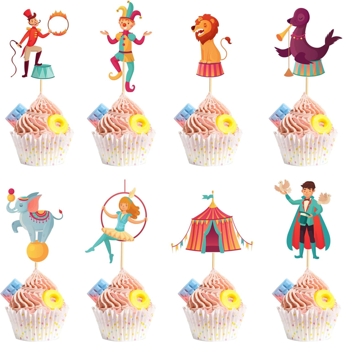 24pcs Circus Cupcake Toppers Carnival & Circus Party Decorations - Perfect for Cupcake, Cake & Baby