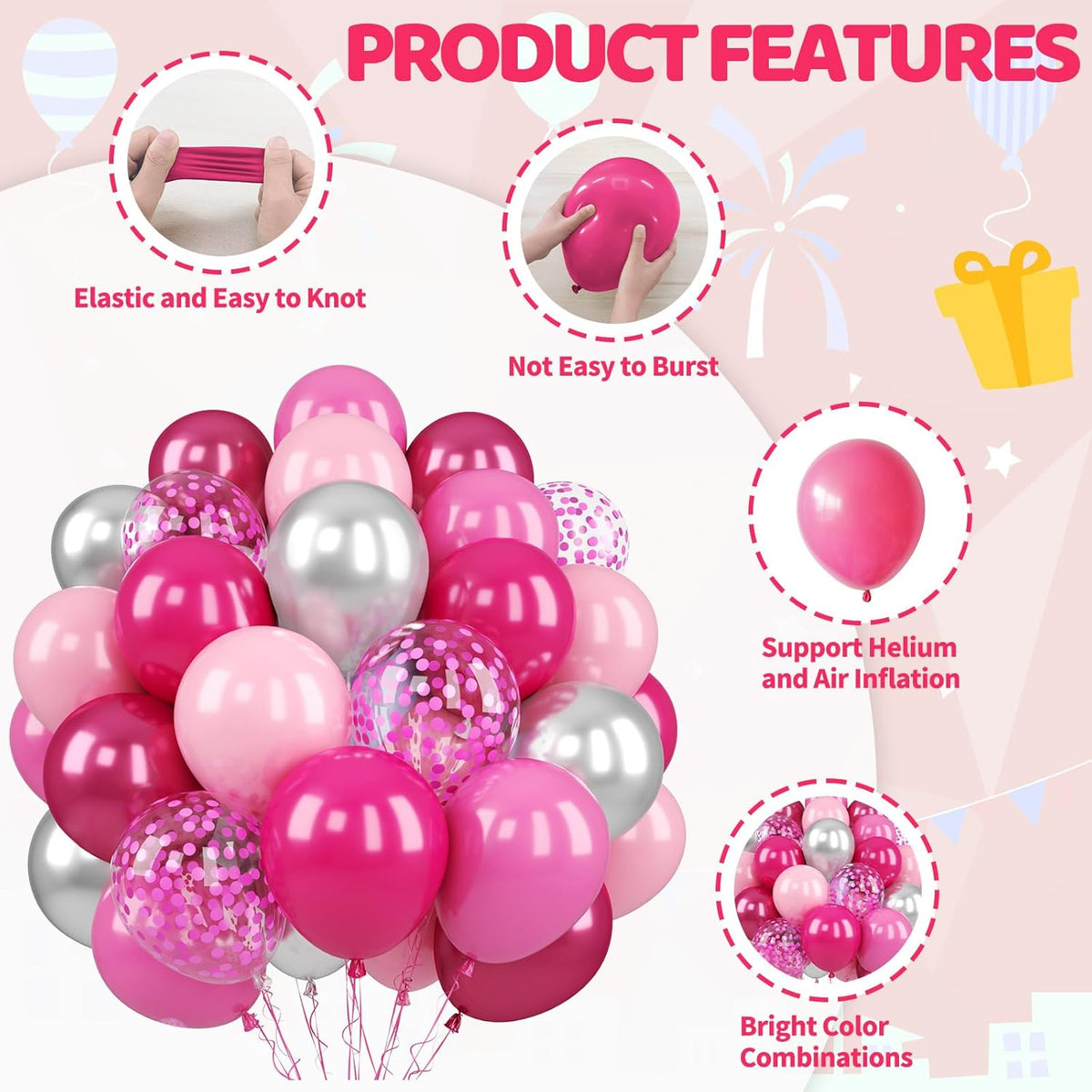 Paready Pink Balloons Set, 50PCS Hot Pink Latex Balloons, 12 Inch Confetti Balloon Metallic Silver