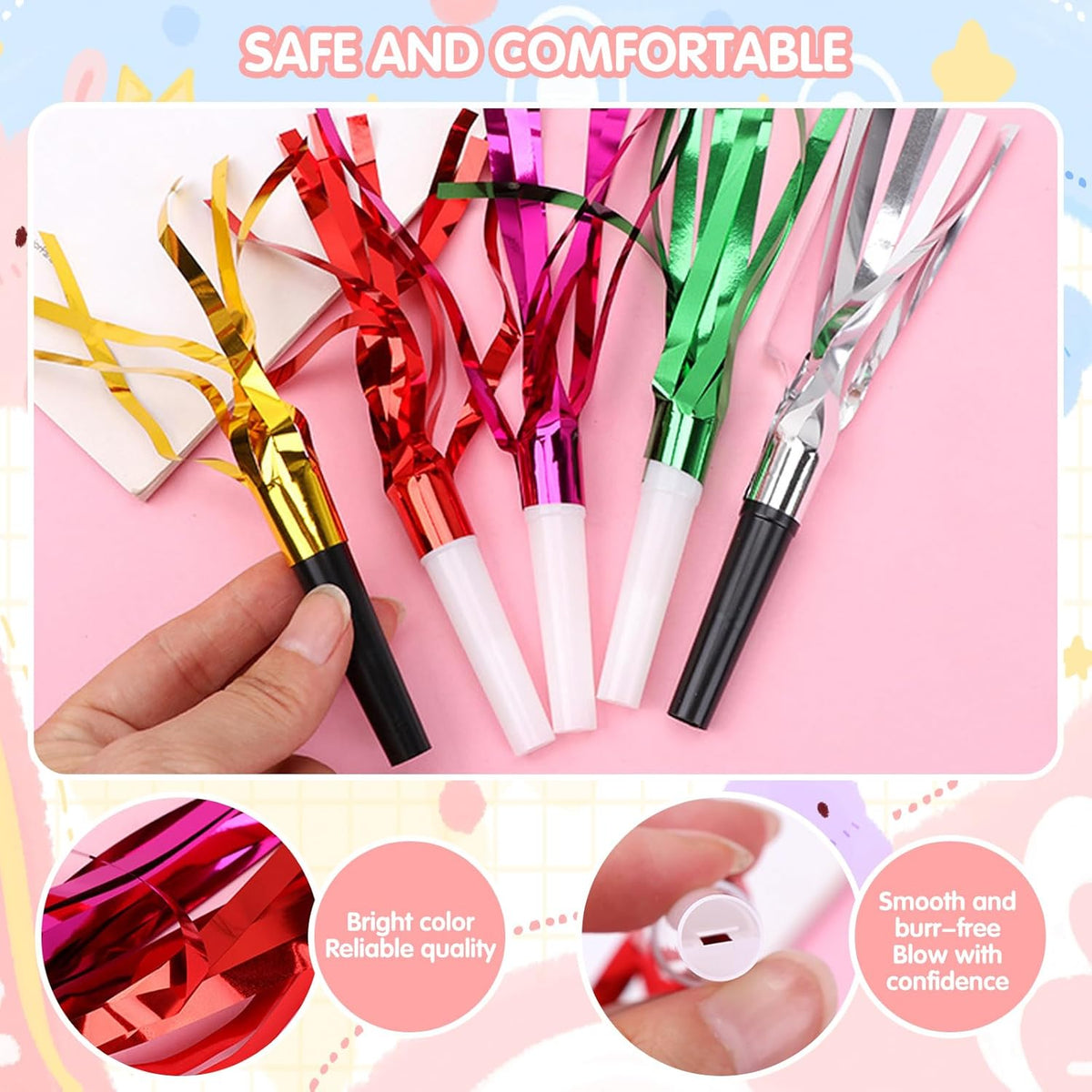 24 Pcs Glitter Noisemakers, Metal Tassel Music Birthday Blowers, Horn Whistles Party Favors Blow