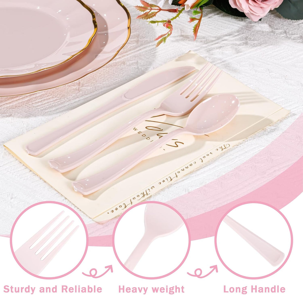 Supernal 300 Pieces Pink Plastic Silverware Heavy Duty Disposable Silverware Pink Utensils