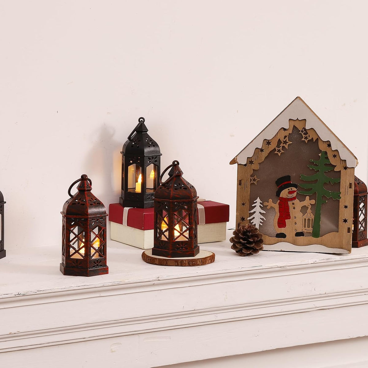LLQ 12PCS Brushed Red Mini Lantern with LED Tealight for Halloween Decorations, Small Moroccan