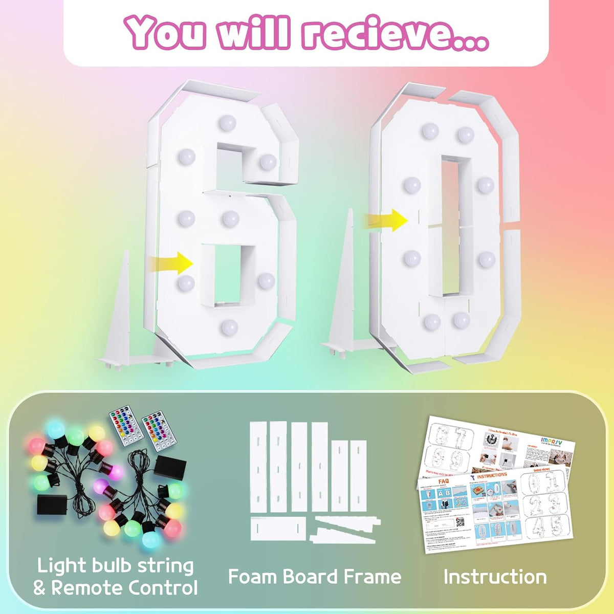 Marquee Numbers 60th-Birthday Decoration: Colorful 3FT Large Light Up 60 Year Old Birthday