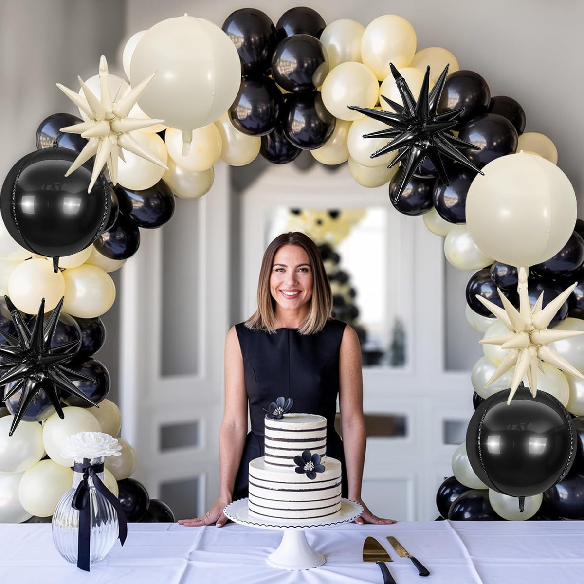 6Pcs Black White Foil Balloons,22Inch Sand White Black 4D Round Ball Balloon and Explosion Star