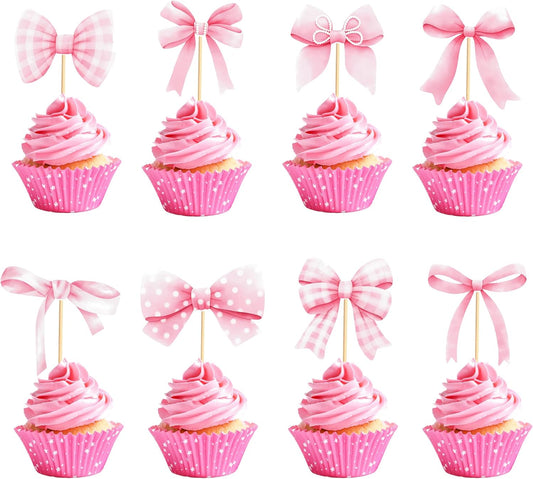 24pcs Coquette Bow Cupcake Toppers Pink Bow Coquette Birthday Cake Decorations for Bachelorette