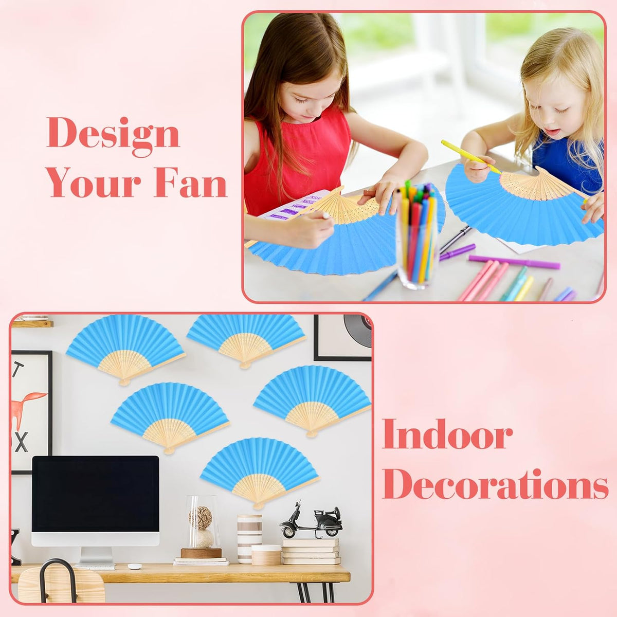 6 Pieces Blue Hand Held Bamboo Folding Fans Foldable Paper Fans Handheld for Women Girls Wedding