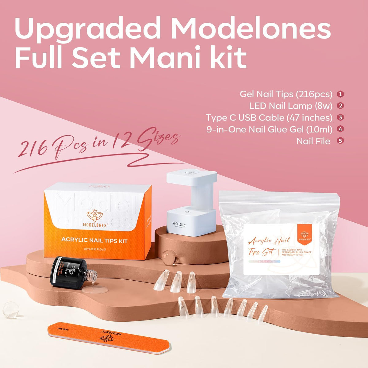 modelones Long Coffin Gel Nail Tips Kit, 9-in-One Nail Glue with Portable U V Lamp 216Pcs 12Sizes