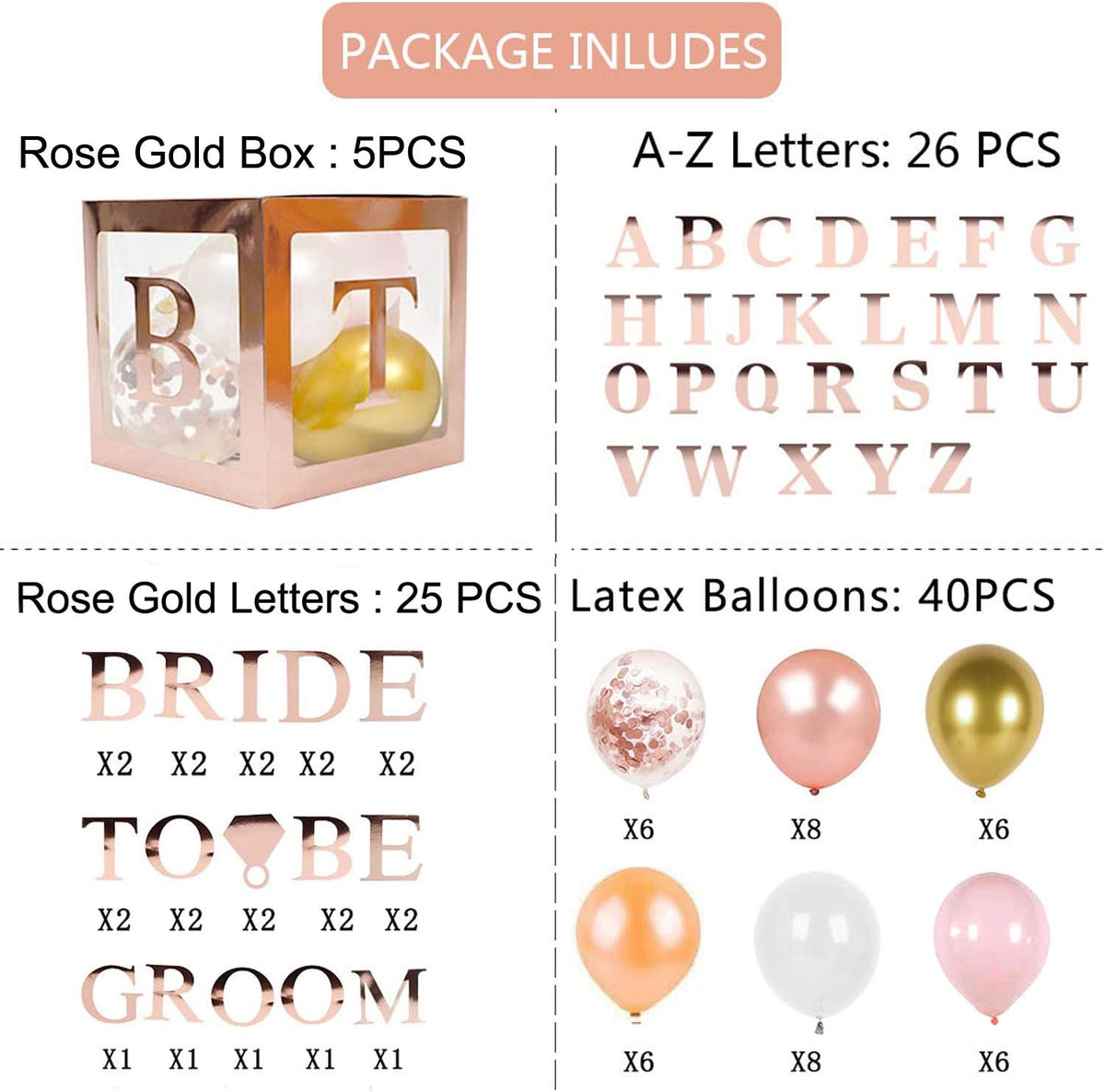 96 PC Bridal Shower Decorations Balloon Boxes Rose Gold - Transparent Block with BRIDE TO BE +
