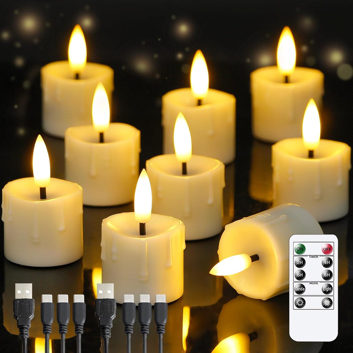 Rechargeable Flameless 1.6" x2.5" Tea Light Candles with Remote & Type-C Charging Cable, Timer LED