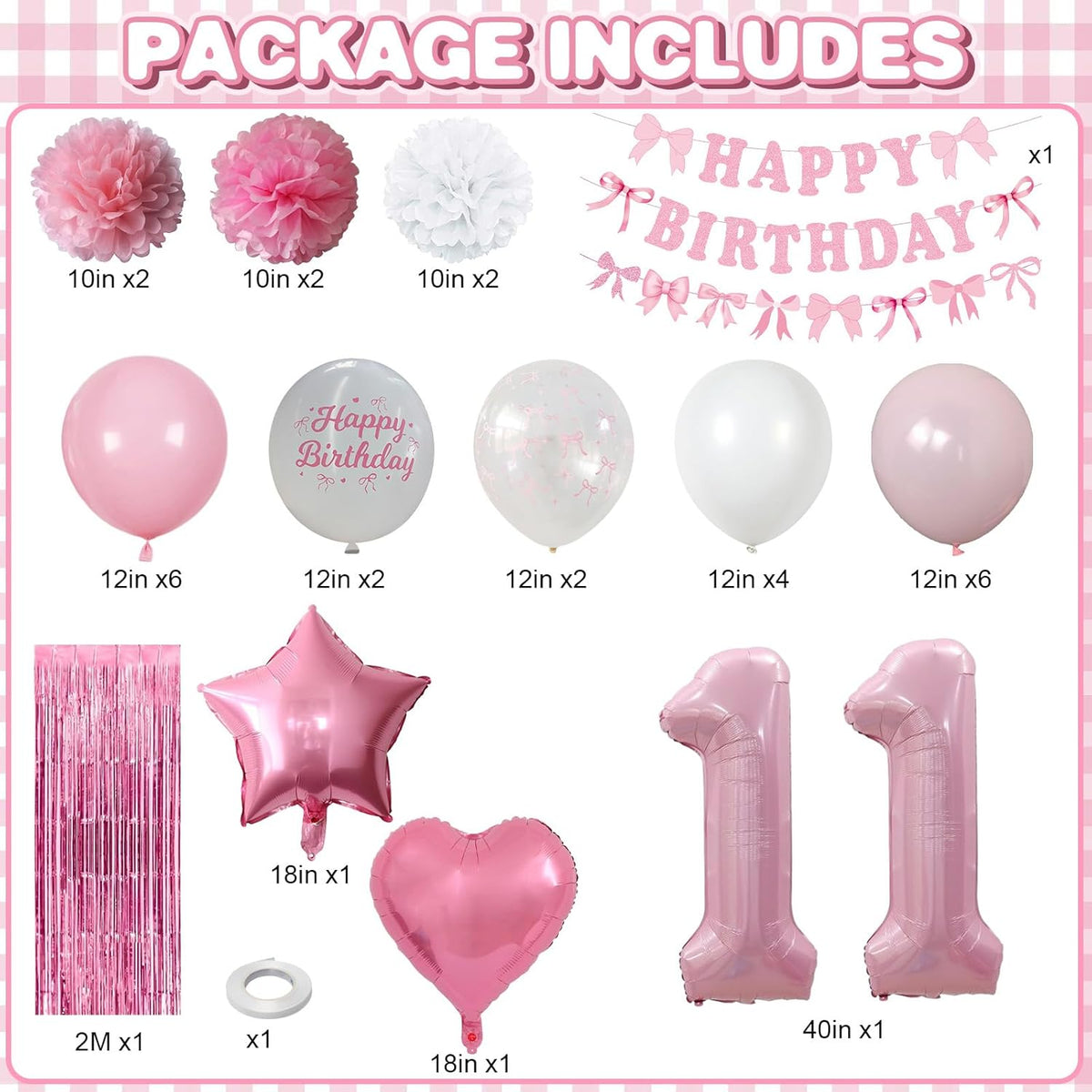 11th Birthday Decorations for Girls Pink Number 11 Balloon Bow Coquette Happy Birthday Banner