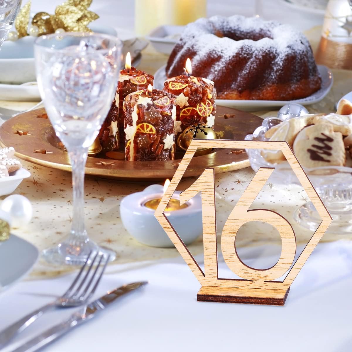 Wooden Table Numbers, Hexagon Shape 1-20 Wedding Table Numbers with Holder Base Rustic Hollow Out