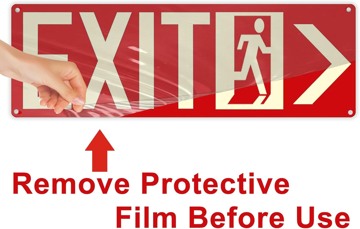Photoluminescent Exit Signs, 14x5 inches, Red with Glow in Dark Feature, Self-Adhesive Aluminum