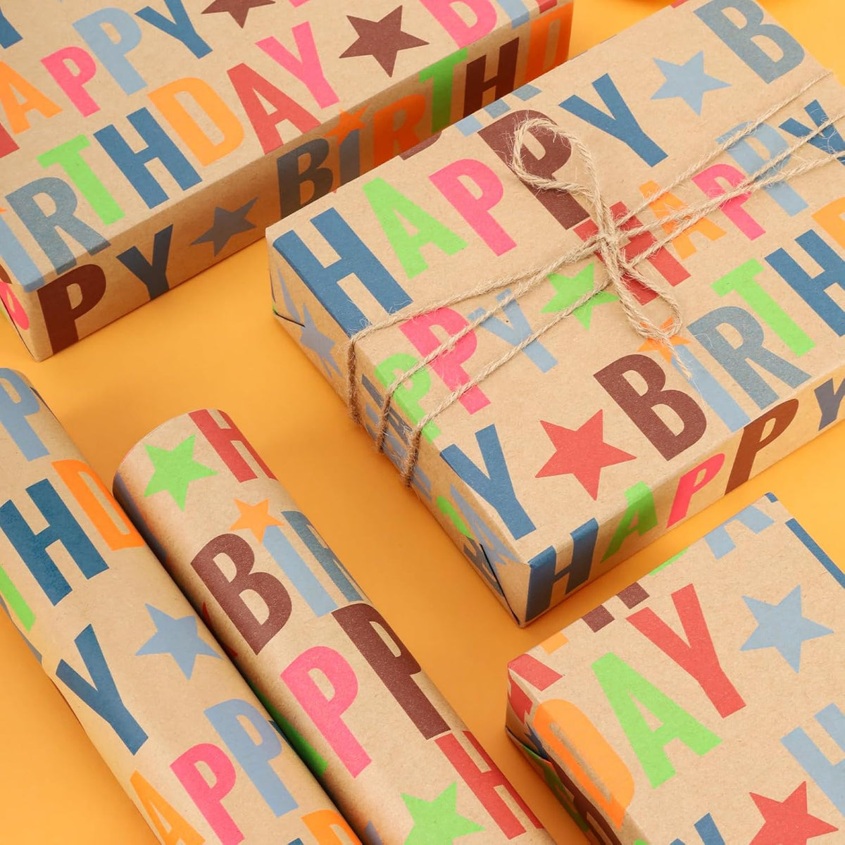 LaRibbons Birthday Wrapping Paper Roll for Kids, 17 Inch x 16.5 Feet Kraft Gift Wrap Paper with