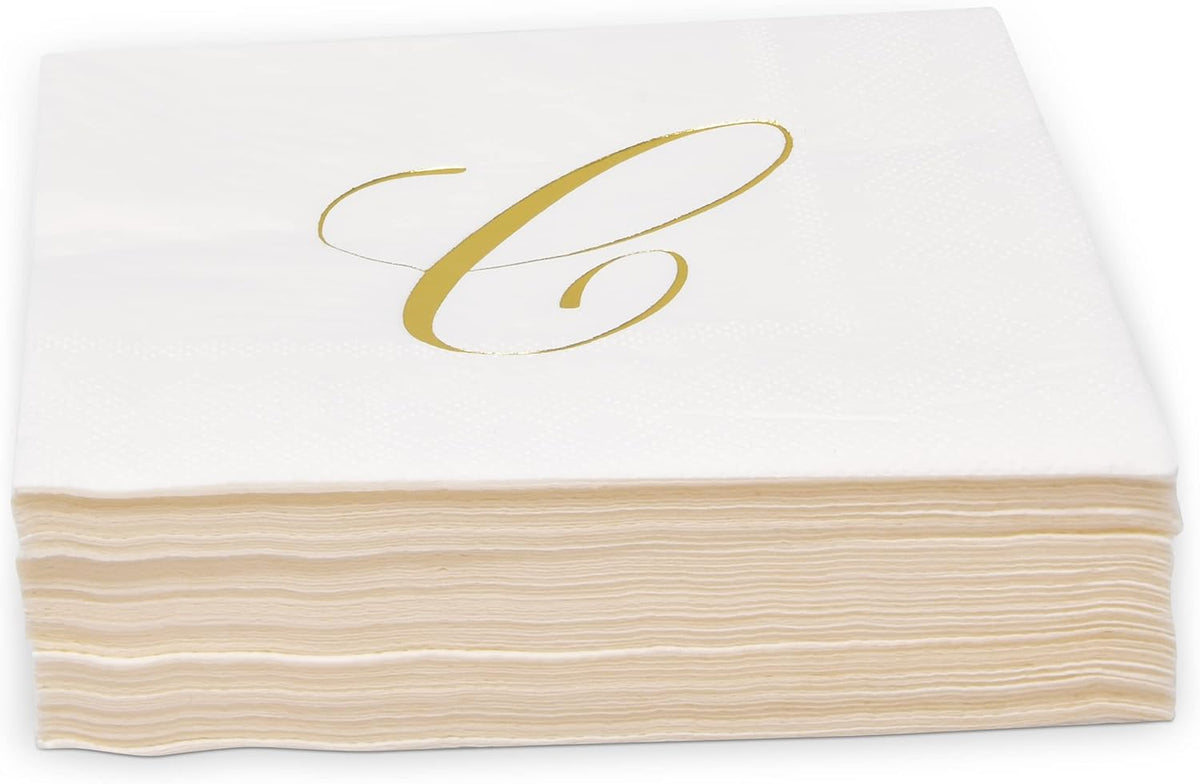 Gift Boutique 100 Gold Monogram Cocktail Napkins Letter C Disposable Paper Pack Elegant Metallic