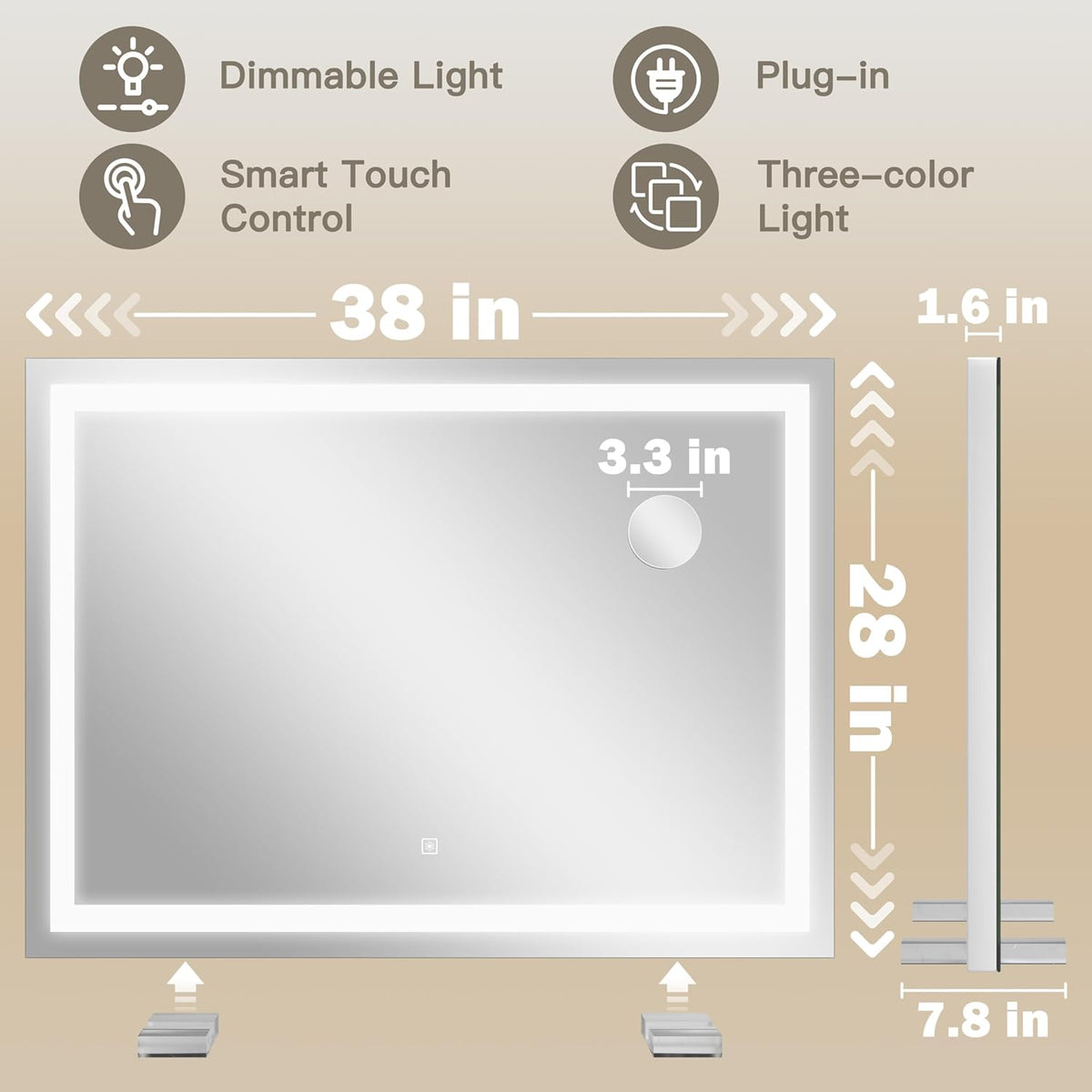 38"x28" Inch Large Lighted Vanity Mirror, 3-Color Lighting & Dimmable Modes, LED Makeup Mirror for