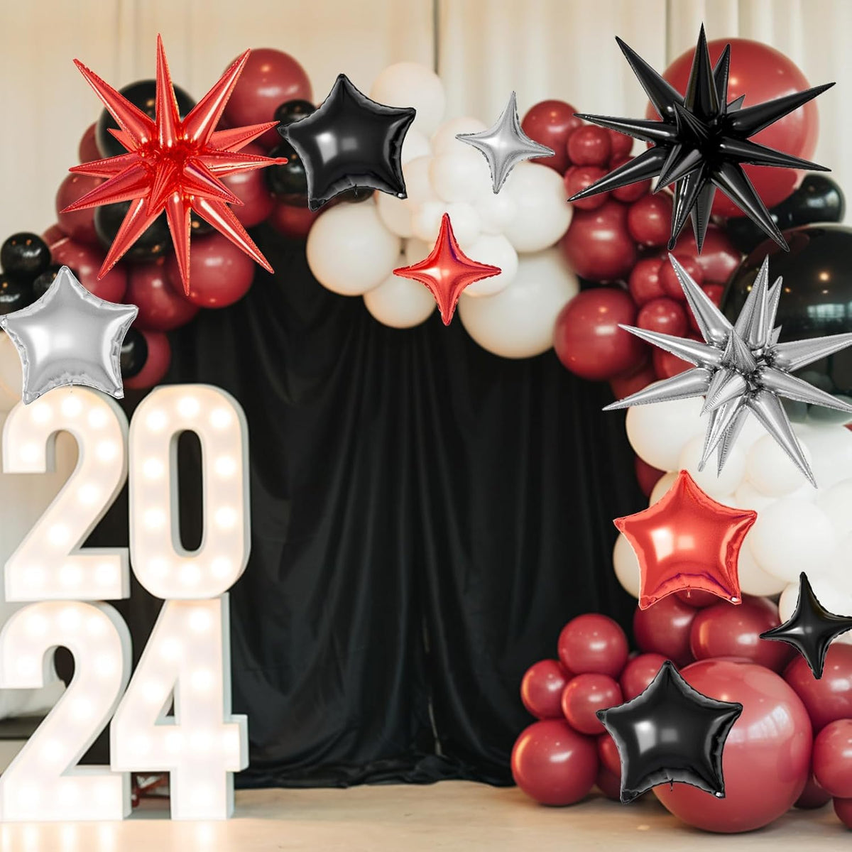 16 Pcs Red Black Silver Star Balloons,22/18/10 Inch Foil Balloons, Four-Pointed Balloon for