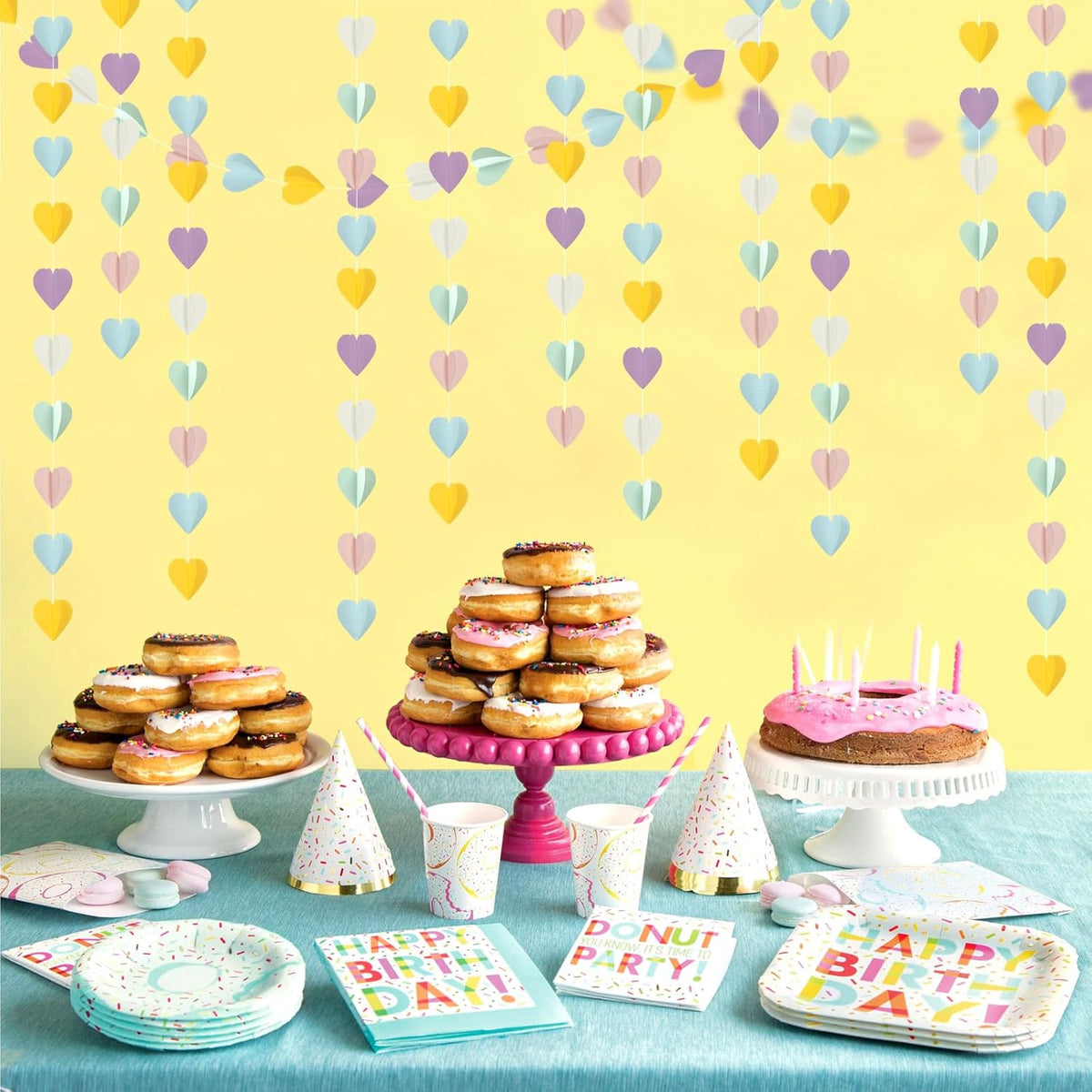 Pastel-Rainbow Party-Decorations 3D Heart Garland - 39Ft Yellow Blue Pink Purple Mint Hanging Paper