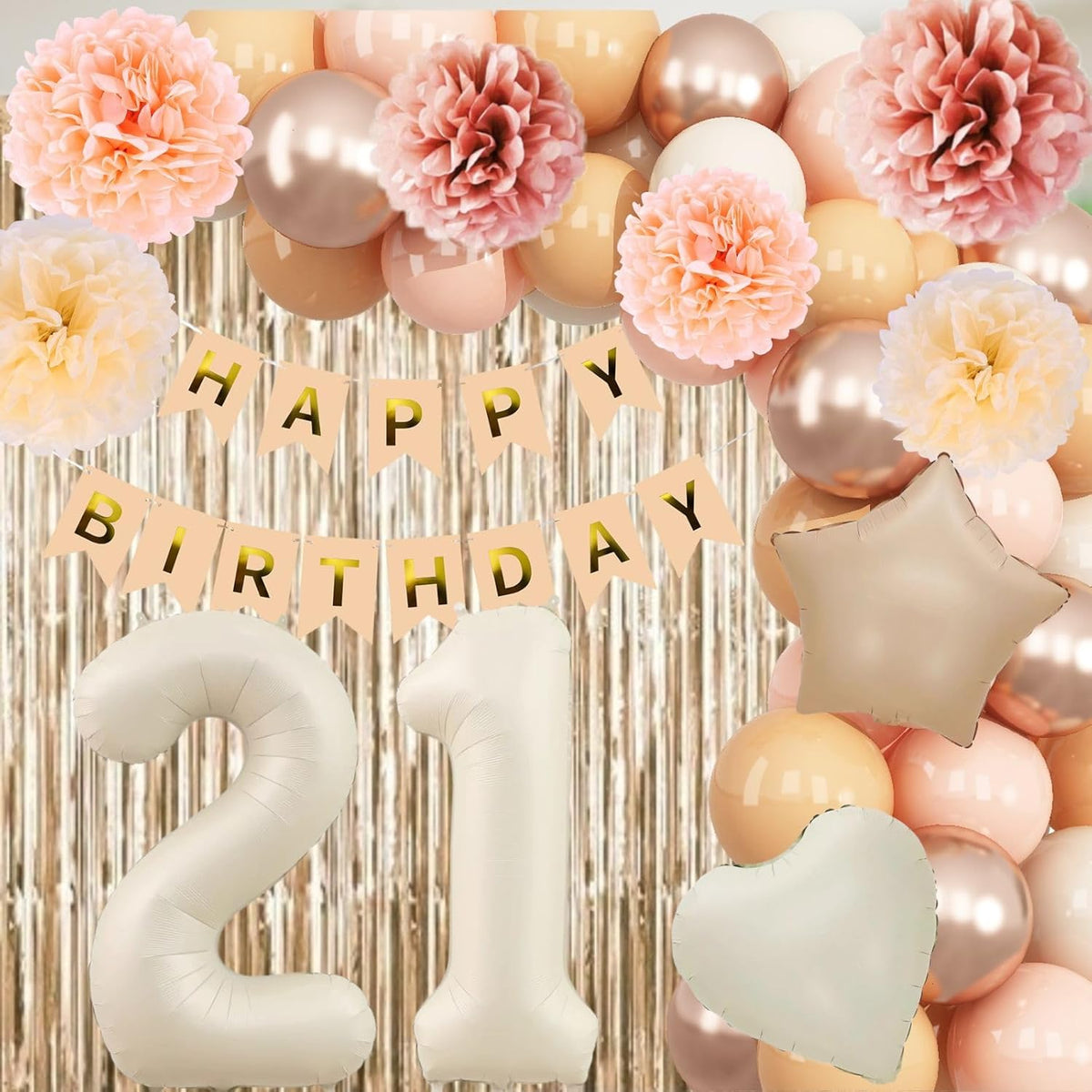 Beige 21st Birthday Decorations for Her Cream Number 21 Balloon Nude Gold Happy Birthday Banner