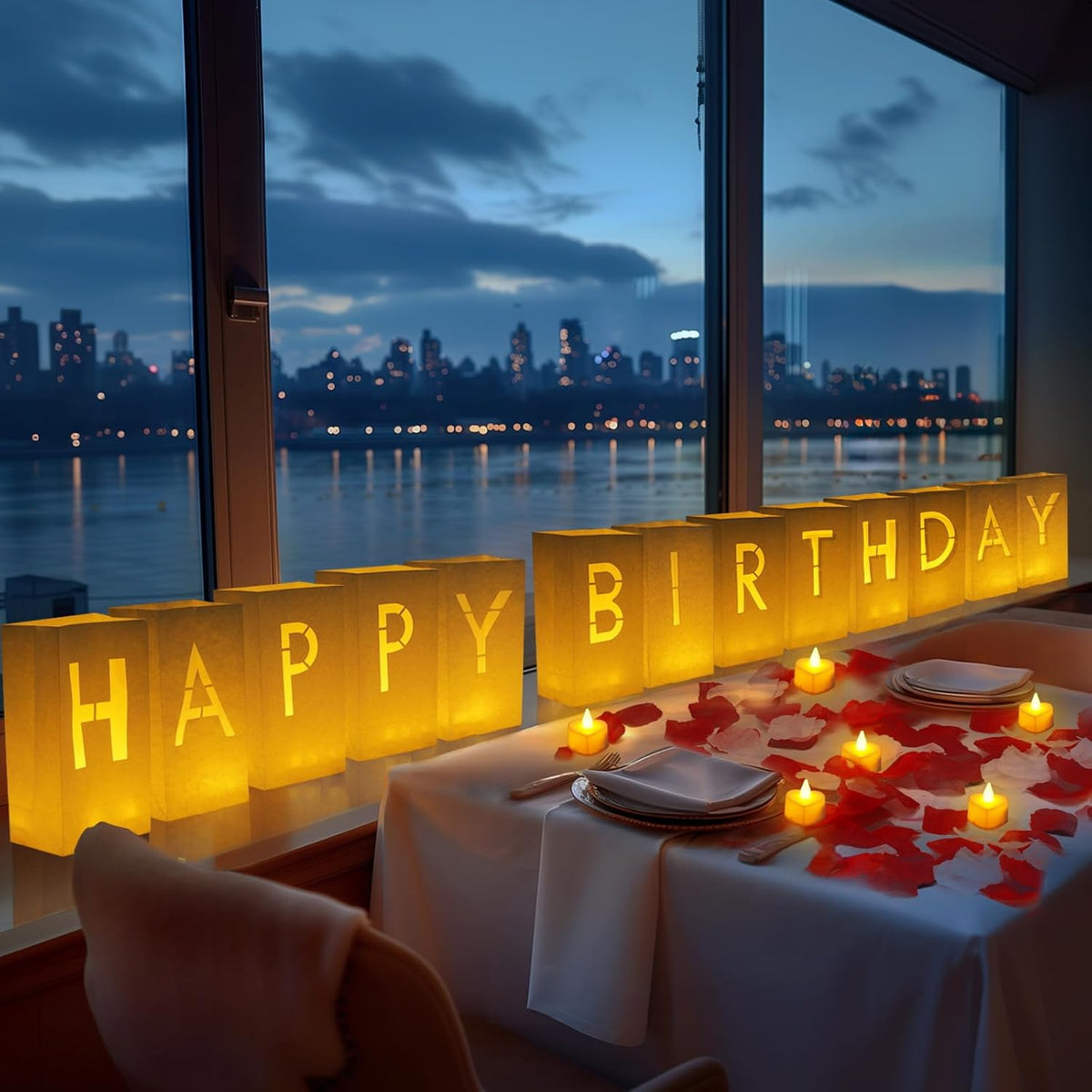 Homemory Happy Birthday Light Up Letters Luminary Bags with Flameless Candles and Fake Rose Petals