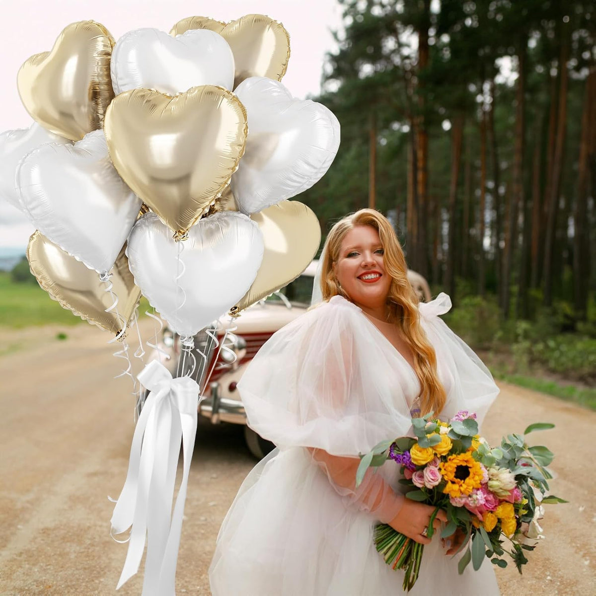 Gold White Foil Heart Balloons, 18 Inch 10 Pcs Pastel Yellow White Mylar Heart Shape Balloons Large