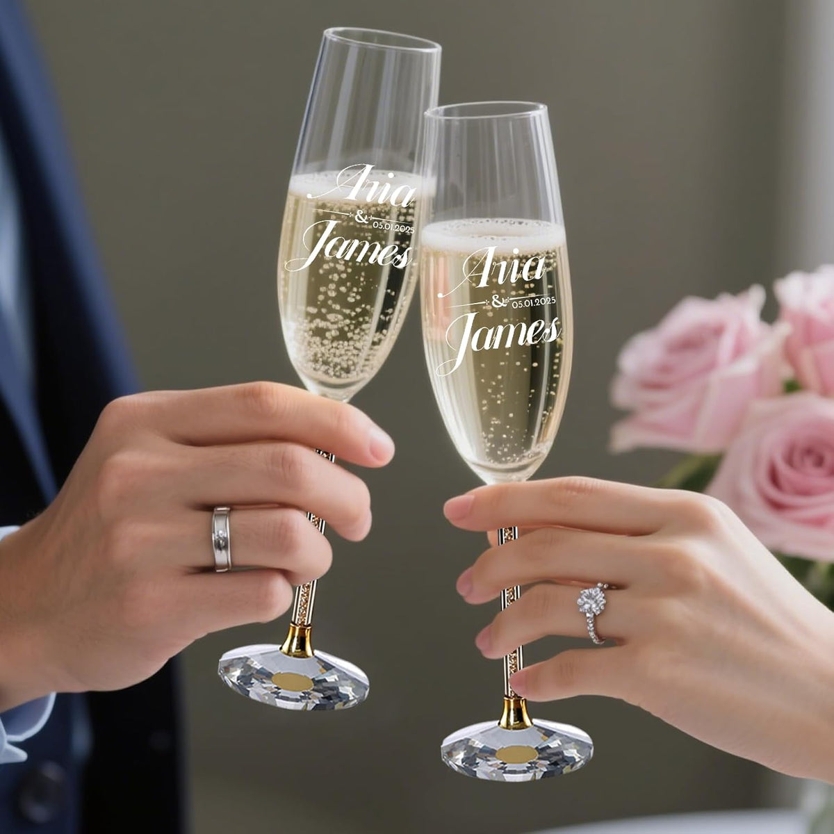 HJX Personalized Wedding Cake Knife and Server Set with Champagne Flutes, Custom Name Text Toasting