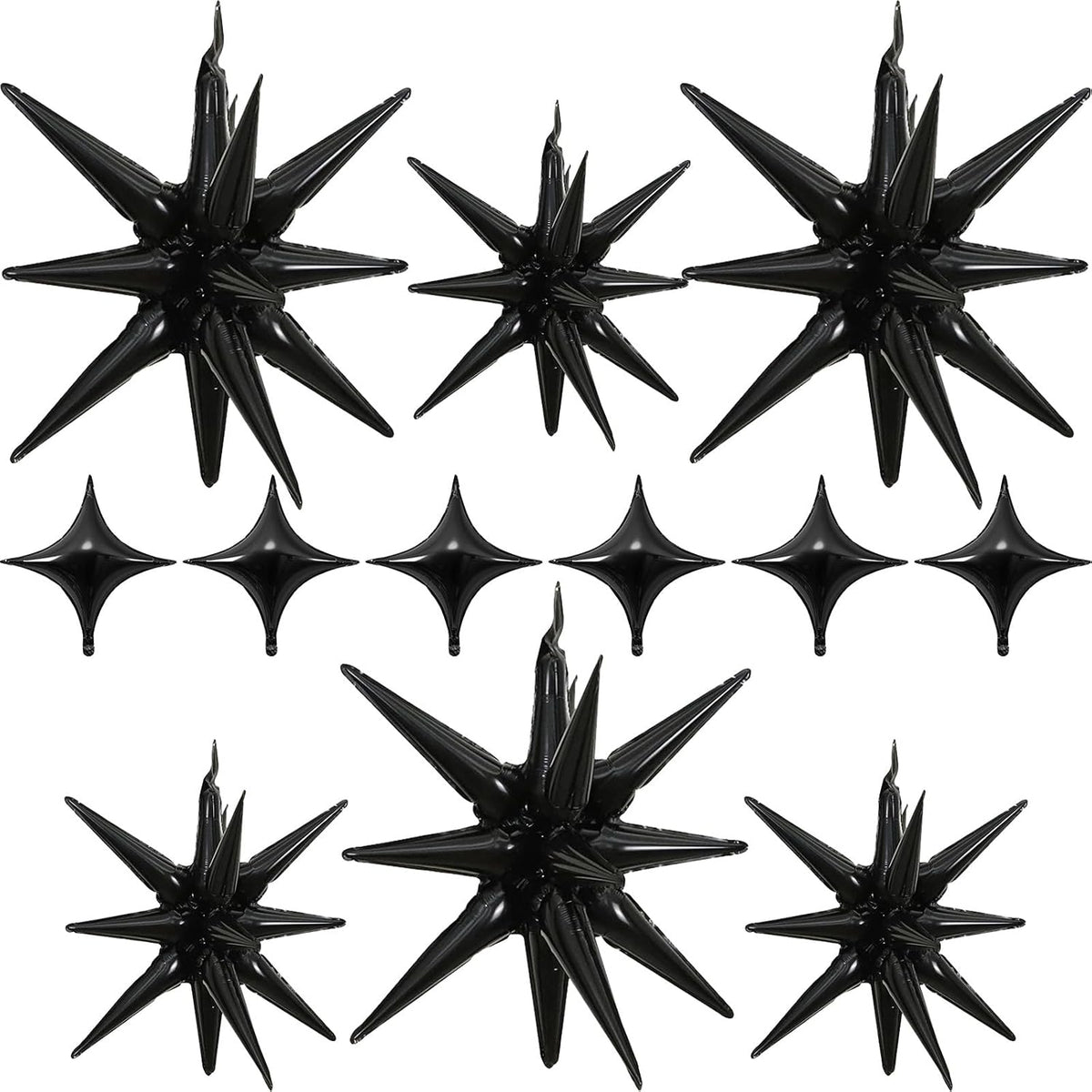 Black Star Balloons 12pcs, 27/22 Inch Foil Star Explosion Balloons, Large Spike Mylar Cone Balloon