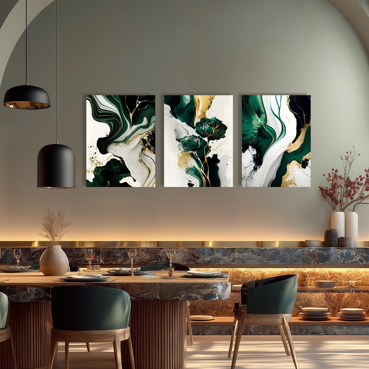 IAFWZX Framed Green Gold Abstract Wall Art, Emerald Marble Textured Wall Decor, Contemporary Line
