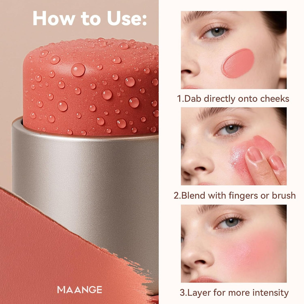 MAANGE Multi-Use Blush Stick, All-in-One Cream Blush for Cheeks, Eyes & Lips Long-Wearing