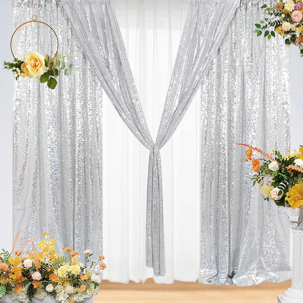 Eternal Beauty Sequin Backdrop Curtains, 2x8 Ft-2 Panels Silver Back Drop for Shimmer Photography