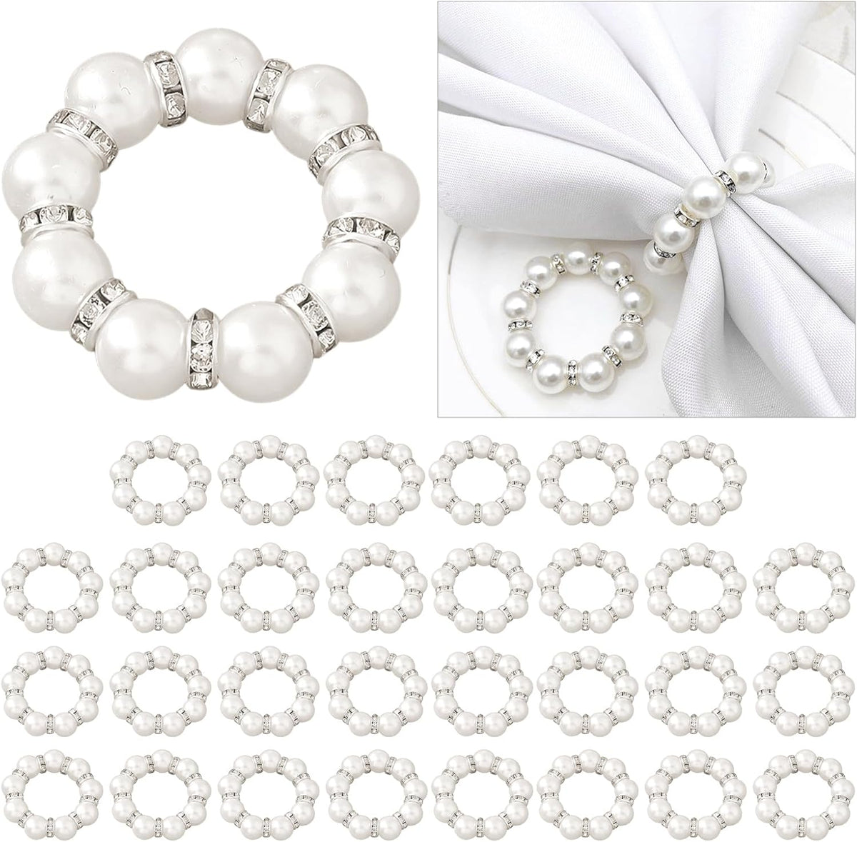 30Pcs Pearl Napkin Rings, Round Napkin Buckles Wedding Beaded White Napkin Rings Silver Napkin Ring
