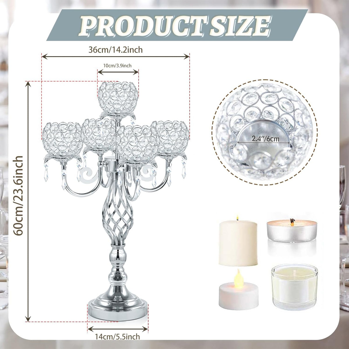 5-Arm Crystal Candelabra Centerpiece 23.2" Tall - Elegant Candle Holder Stand with Crystal Bowl