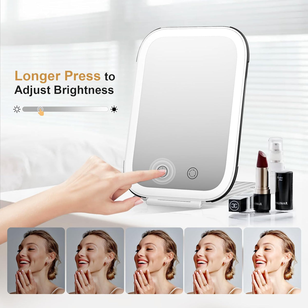 FUNTOUCH Rechargeable Travel Makeup Mirror with Lights and Small 10X Magnification,Light up