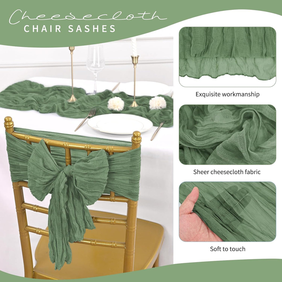 50 PCS Cheesecloth Chair Sashes, Bows Designed ChairSashes, 15.7x70 inch Chair Sashes for Aisle