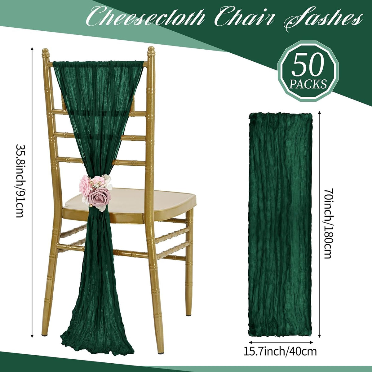 50 PCS Cheesecloth Chair Sashes, Bows Designed ChairSashes, 15.7x70 inch Chair Sashes for Aisle
