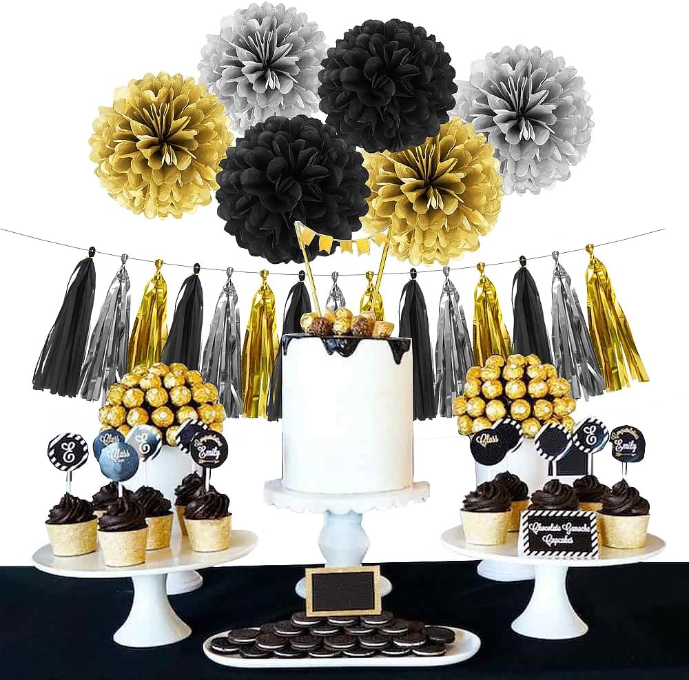 Silver Black Gold Party Decorations - 23pcs Tissue Paper Flowers Pom Poms Tassel Garland Pennant