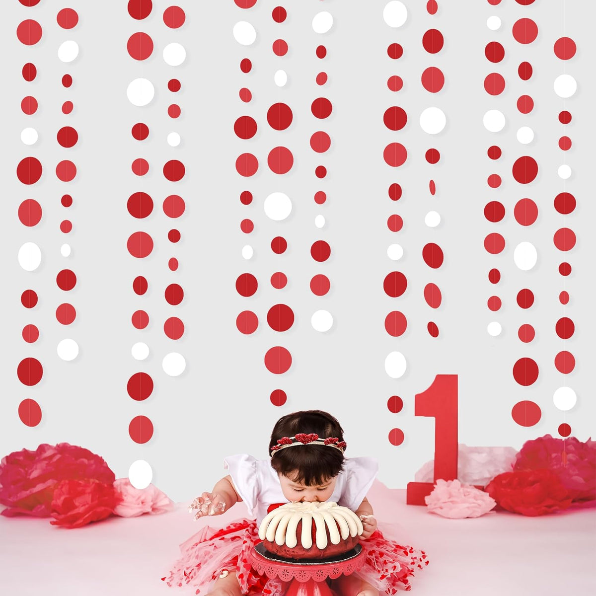 46 Ft Red Party Decorations Polka Dots Garlands Red and White Hanging Paper Circle Dots Streamer